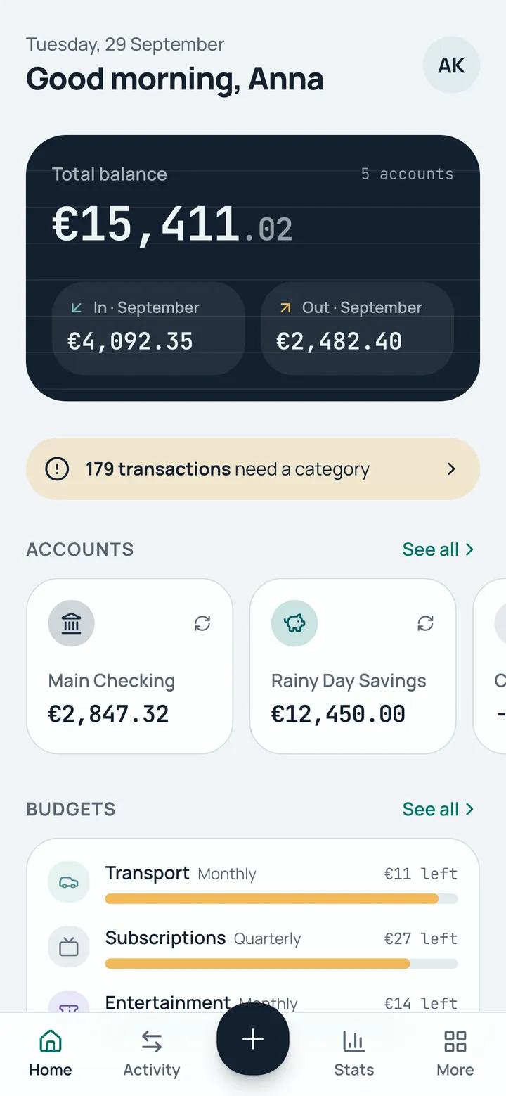 Home screen with the total balance, money in and out this month, account cards and budgets.