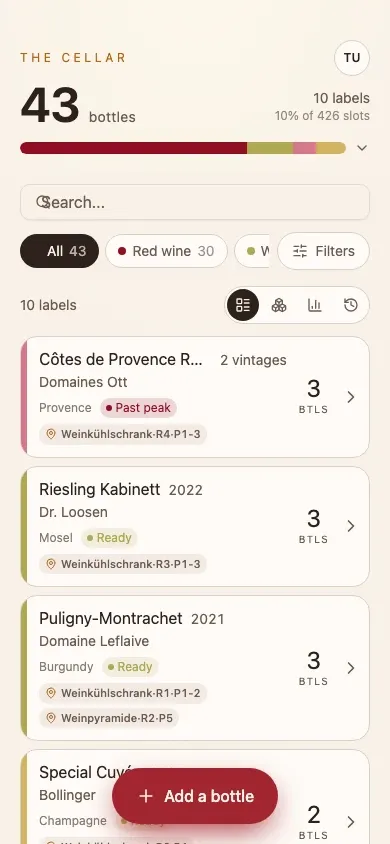 The cellar list on a phone, in the light theme.