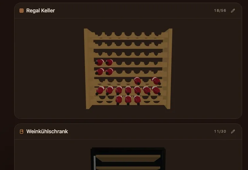 A wooden wine rack drawn in 3D, with red bottles in their slots, inside Cellarly’s storage view.
