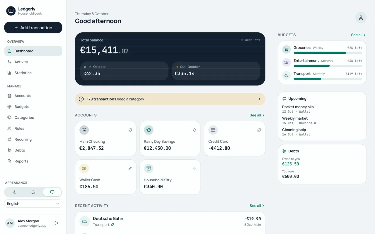 The web app’s dashboard in a desktop browser: a sidebar, the total balance, account cards, budgets, upcoming recurring bookings and debts.