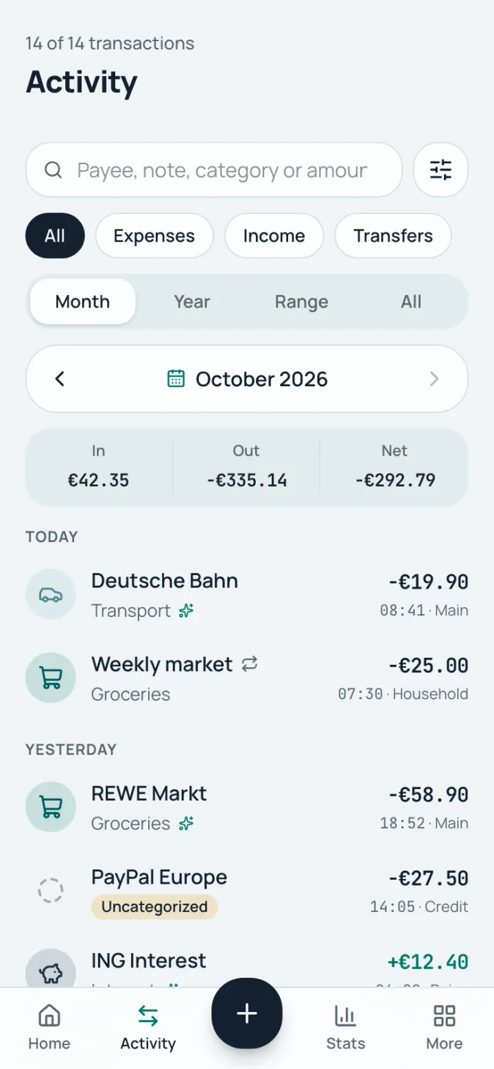 The web app’s activity list on a phone, with filters and transactions grouped by day.