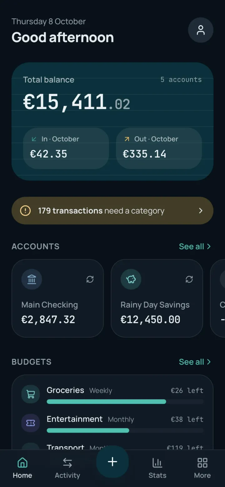 The web app’s dashboard on a phone in the dark theme, with a bottom tab bar.