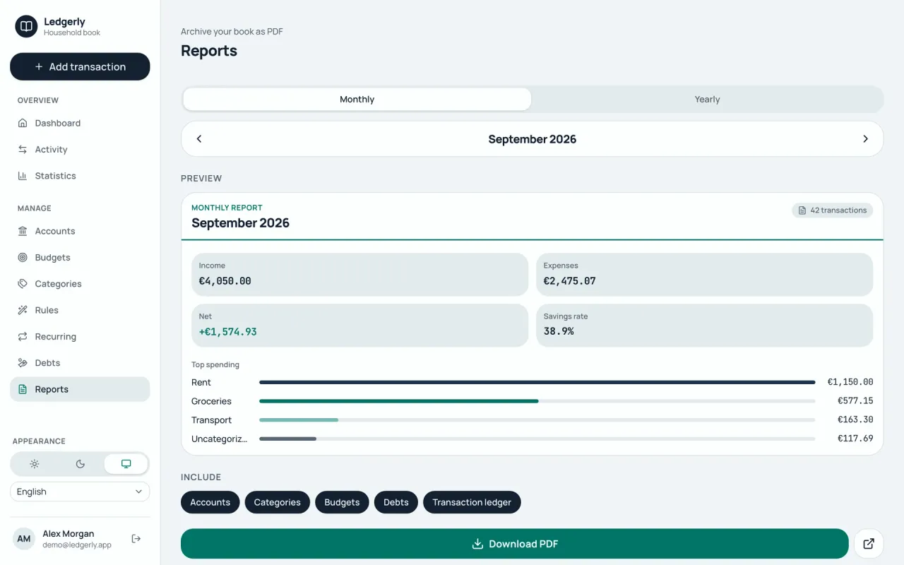 A monthly report preview with income, expenses, savings rate and top spending, and a PDF download.